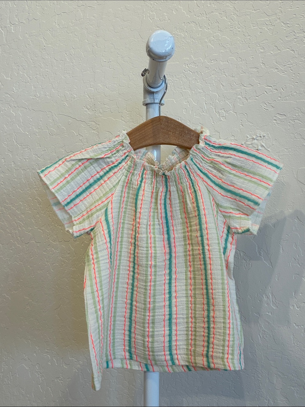 Girls' Short-Sleeve Striped Tee - White with Pink & Teal Stripes
